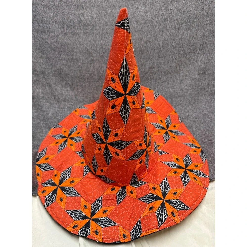 Handmade Quilted Reversible Witch Hat Orange Spider Web Bk Polka Dot Halloween